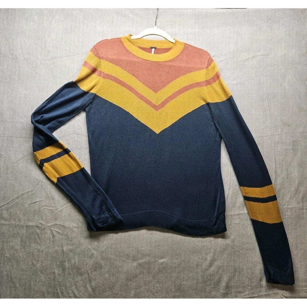 Free People Blue Stripe Sweater Womens Size Large Knit Pullover Casual